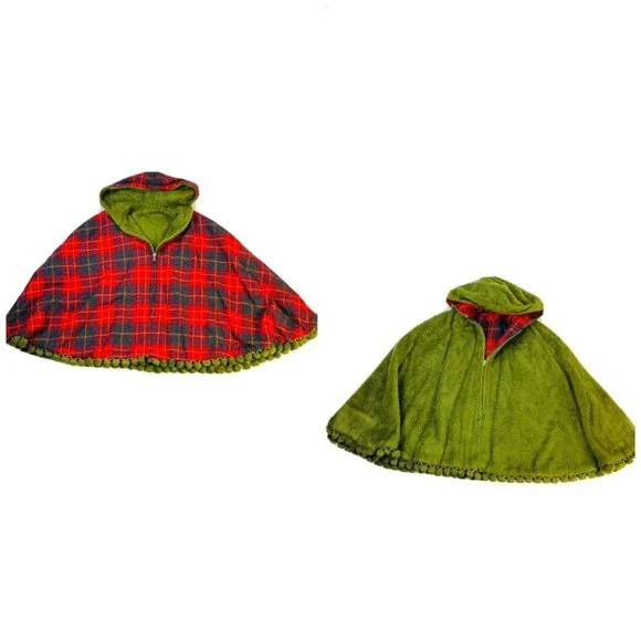 Vintage 1950s Buffalo Plaid Chenille Reversible Poncho Cape Coat - Picture 1 of 8